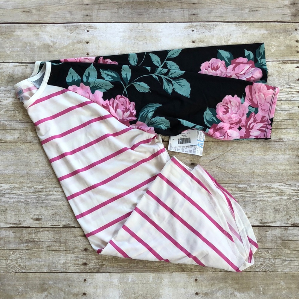 Lularoe Randy top white and pink stripe with black floral sleeves